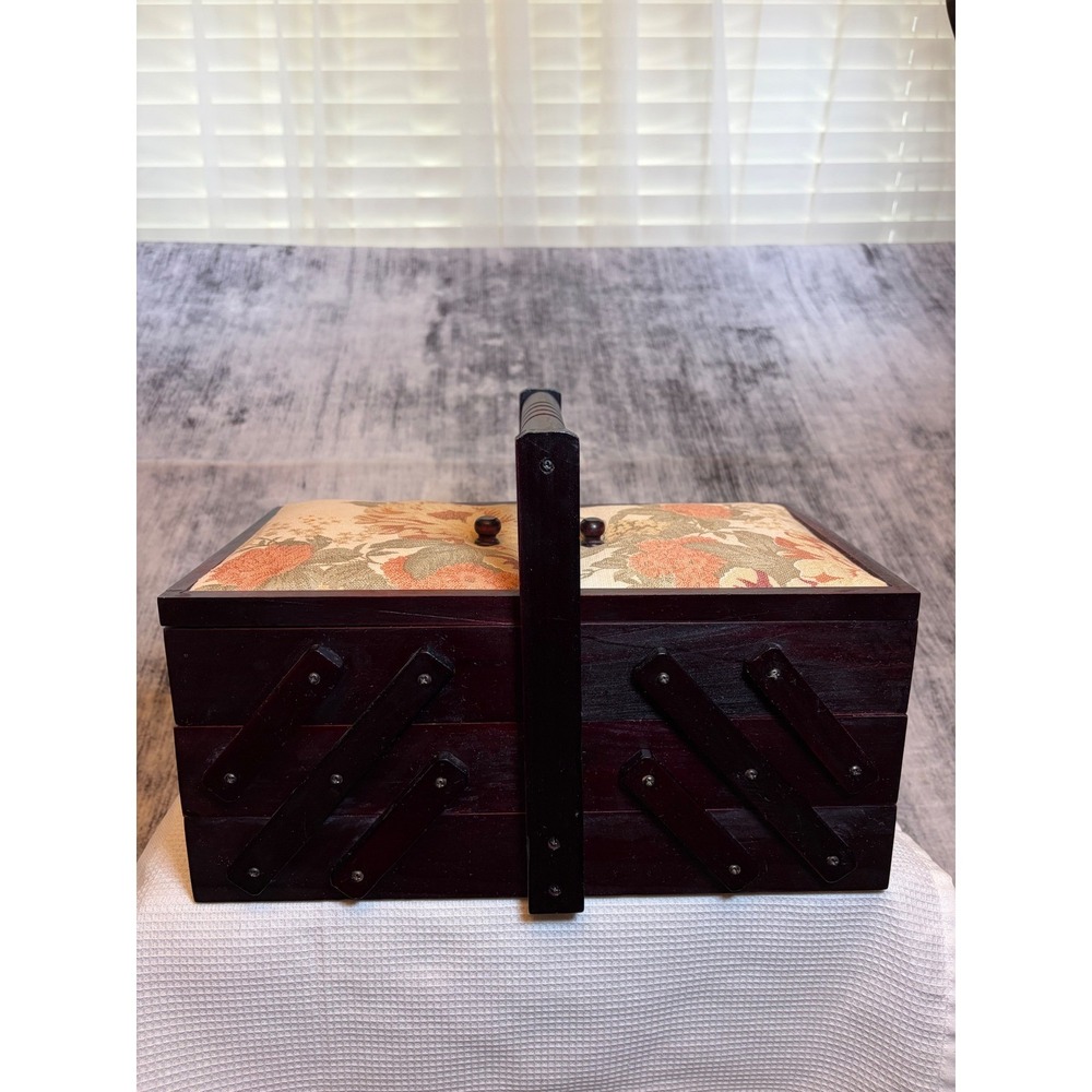Vintage Wooden Cantilever Sewing Box Accordion 3 Tier Floral Tapestry Red Lining